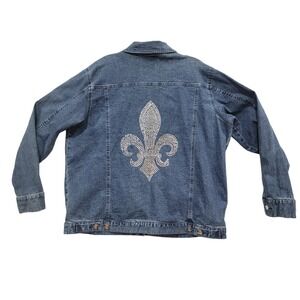 Quacker Factory Denim Blue Jean Jacket Embellished Sequins Fleur-de-Lis Size L